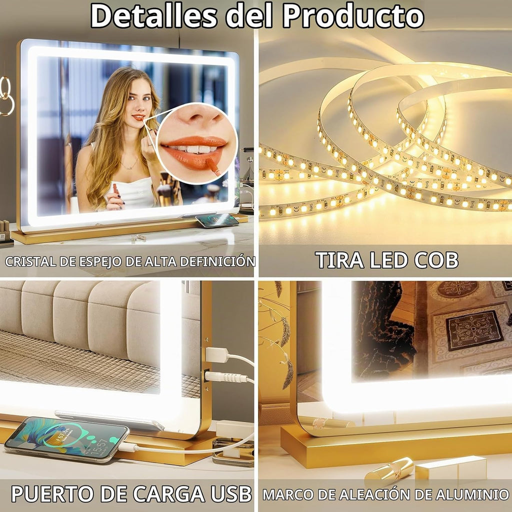 FENNIO Espejo de tocador con luces de 32 x 22 pulgadas, espejo de m...