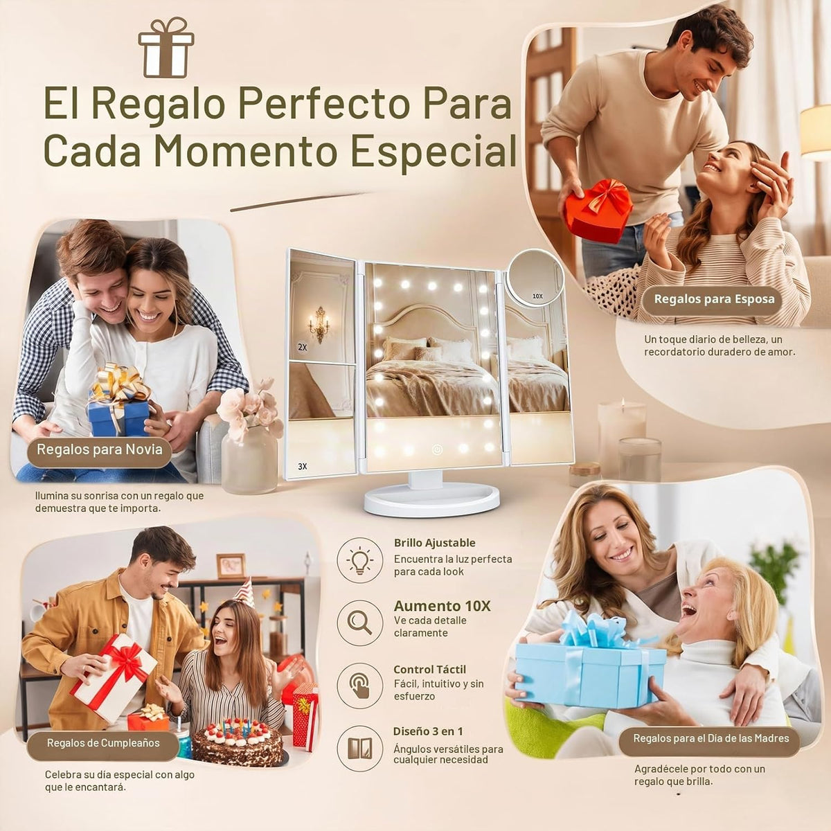 HUONUL Espejo de tocador con aumento 2X\/3X\/10X con luz, espejo de...