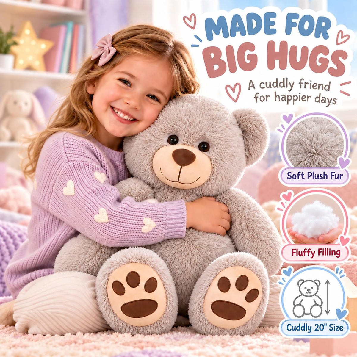 LotFancy Teddy Bear - Peluche de peluche suave de 20.0 in, color gr...
