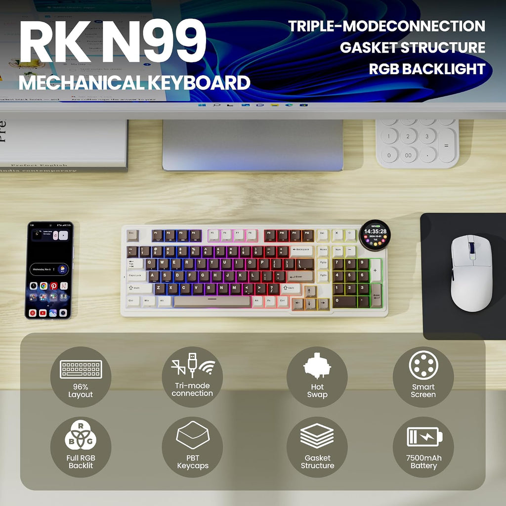 RK ROYAL KLUDGE Teclado mecánico inalámbrico N99 con pantalla y per...