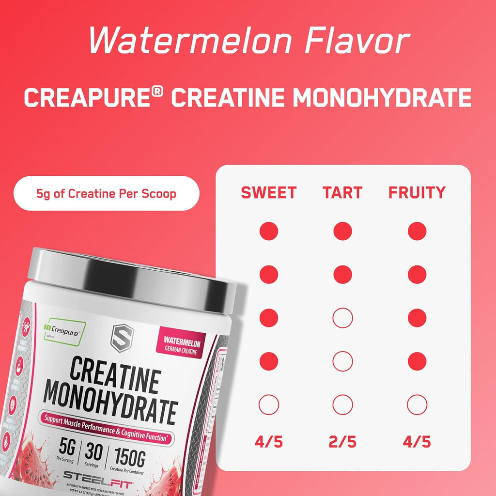 SteelFit Creapure - Monohidrato de creatina pura en polvo, sandía,...