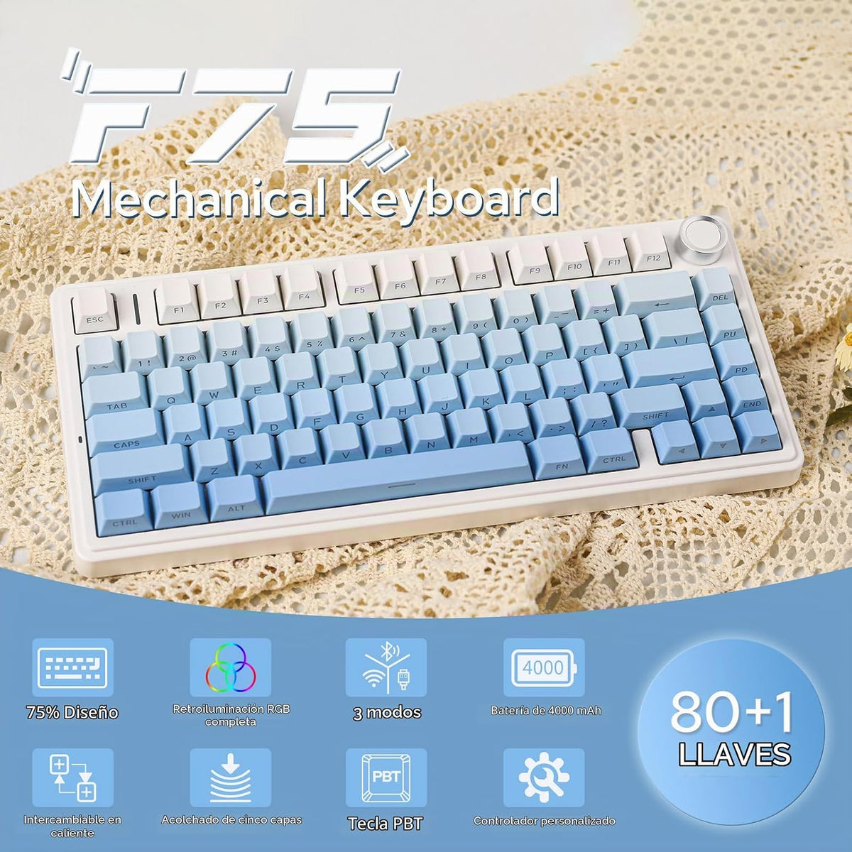 EPOMAKER x Aula F75 - Teclado mecánico con junta, 75% inalámbrico i...