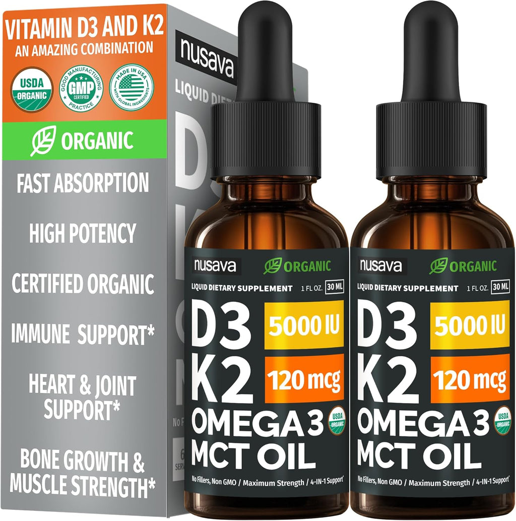 Nusava Gotas orgánicas de vitamina D3 K2 con aceite MCT, sin sabor,...
