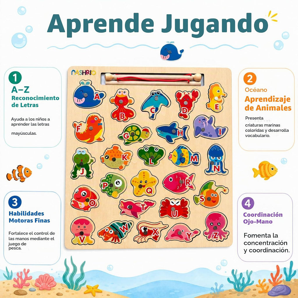 Juego de pesca con alfabeto magnético de madera para niños de 3 a 5...