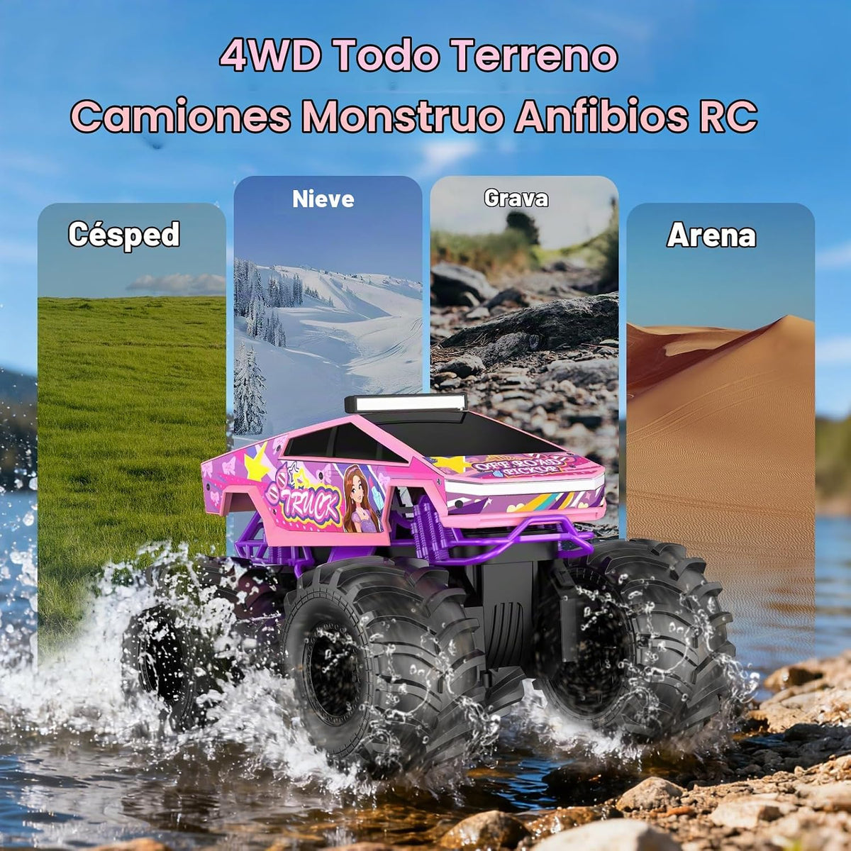 Coche de control remoto anfibio | juguete de camión monstruo rosa 1...