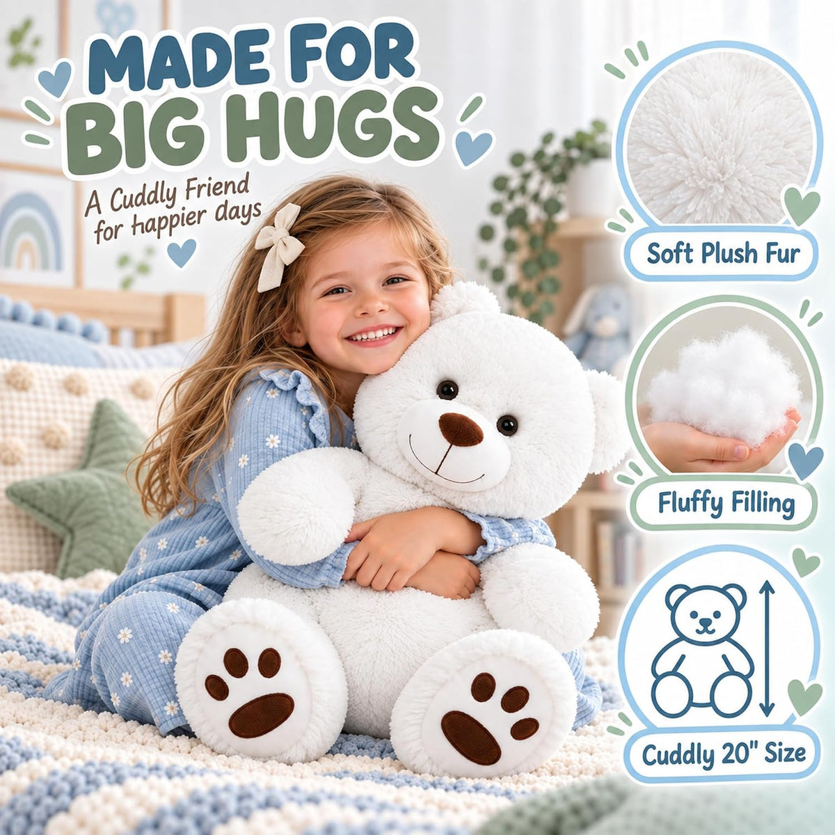 LotFancy Teddy Bear - Peluche de peluche suave de 20.0 in, color bl...