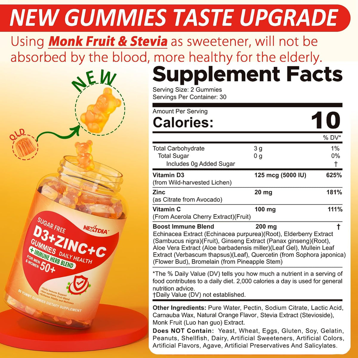 Gomitas de vitamina C + D3 + zinc sin azúcar para adultos mayores d...
