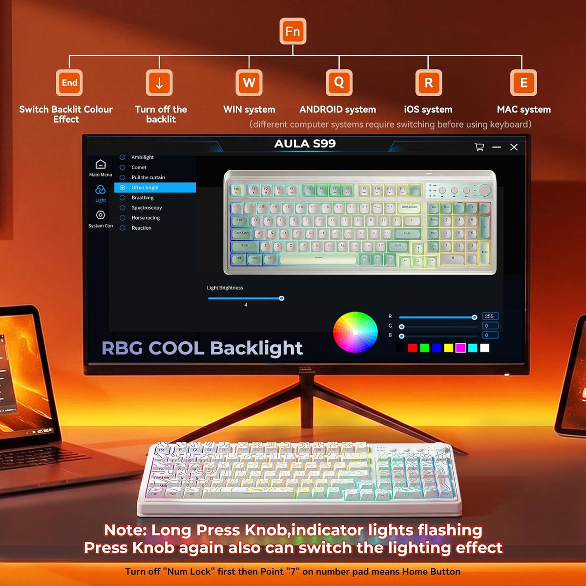AULA Teclado inalámbrico para juegos blanco cremoso con teclado num...