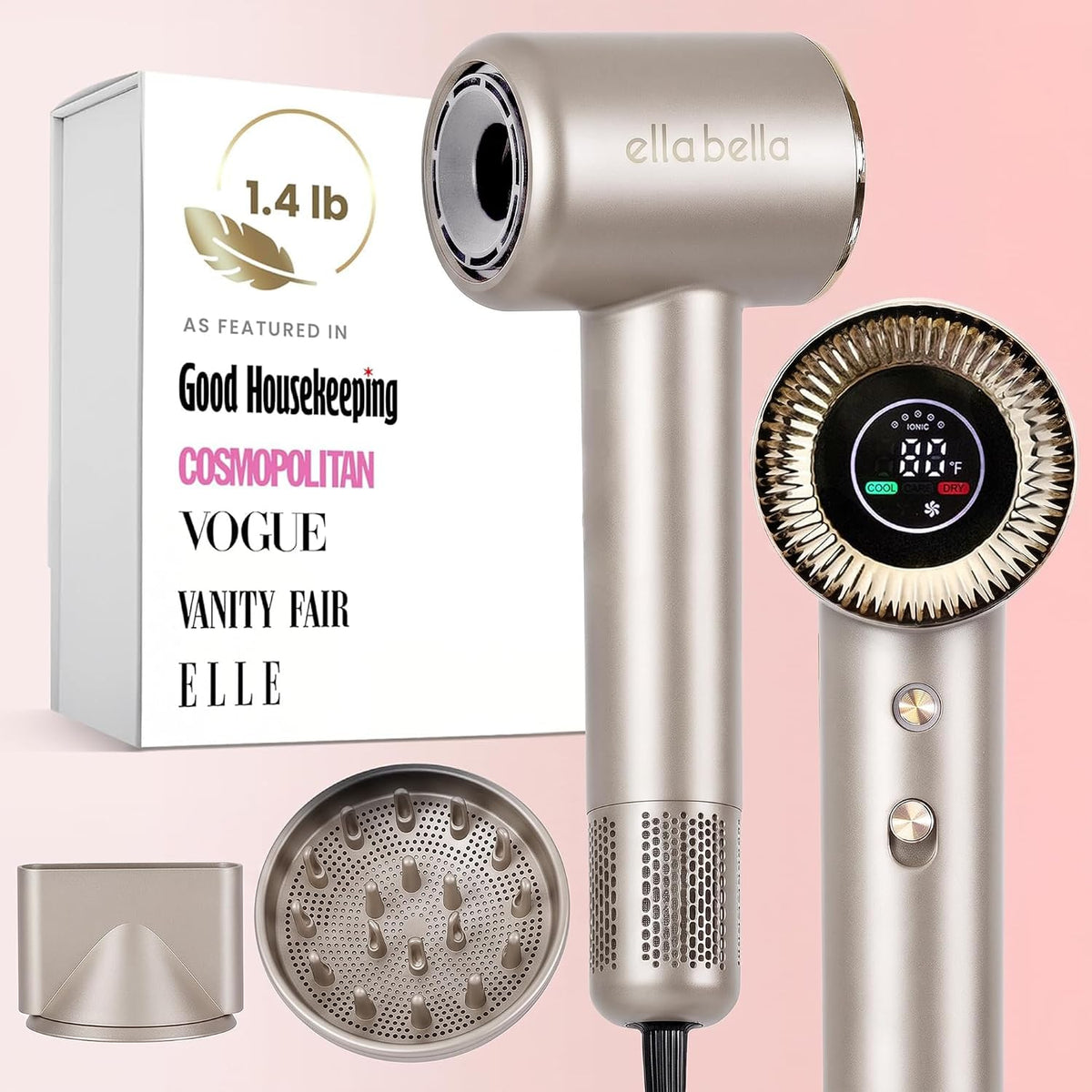ELLA BELLA® Secador de pelo de plasma compacto, pantalla digital, s...