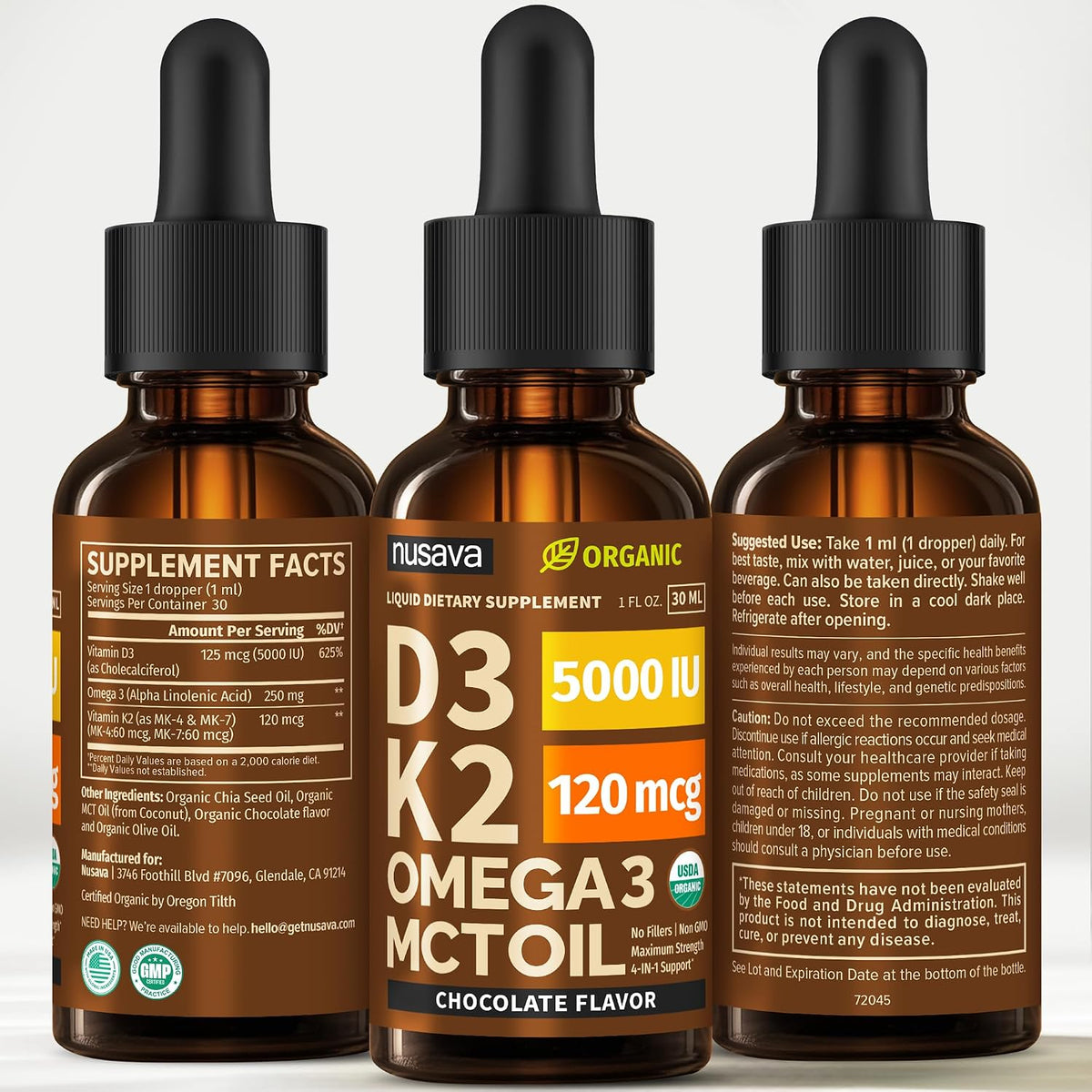 (Paquete de 2) Gotas Orgánicas de Vitamina D3 K2 con Aceite MCT Ome...