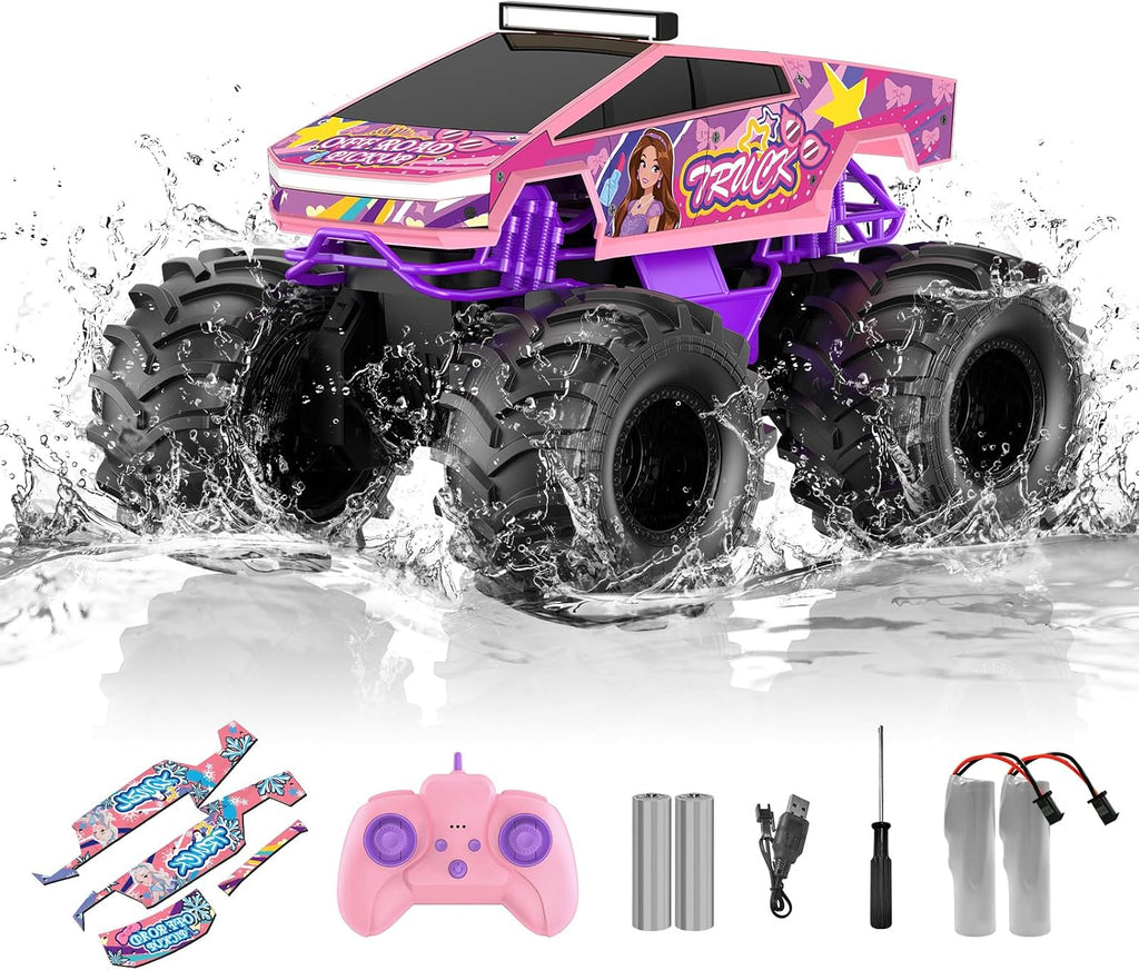 Coche de control remoto anfibio | juguete de camión monstruo rosa 1...