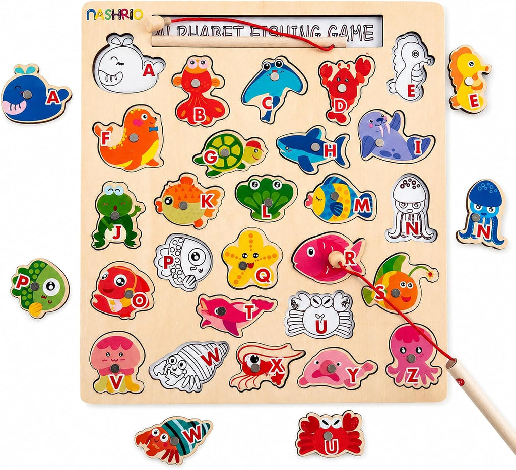 Juego de pesca con alfabeto magnético de madera para niños de 3 a 5...