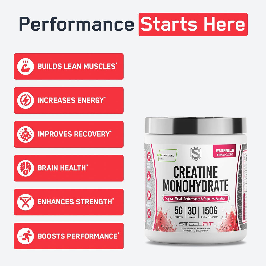 SteelFit Creapure - Monohidrato de creatina pura en polvo, sandía,...