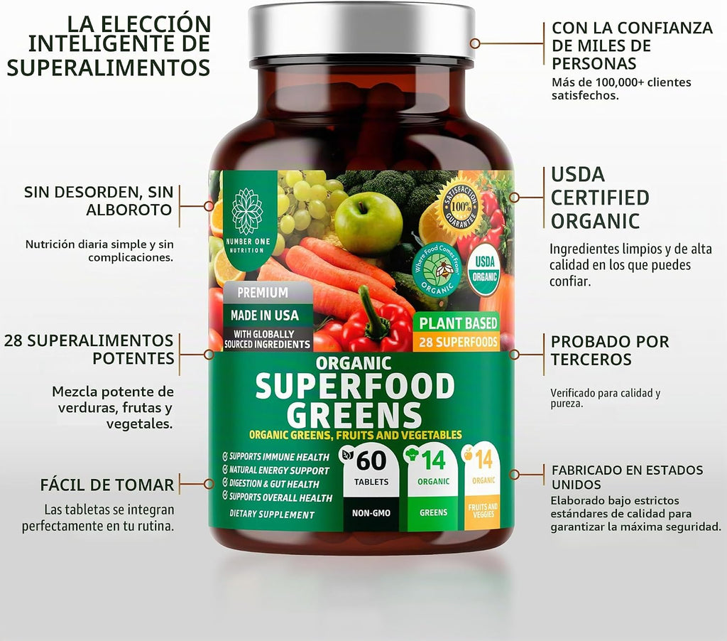 Paquete de 2 superalimentos verdes orgánicos N1N Premium, frutas y...