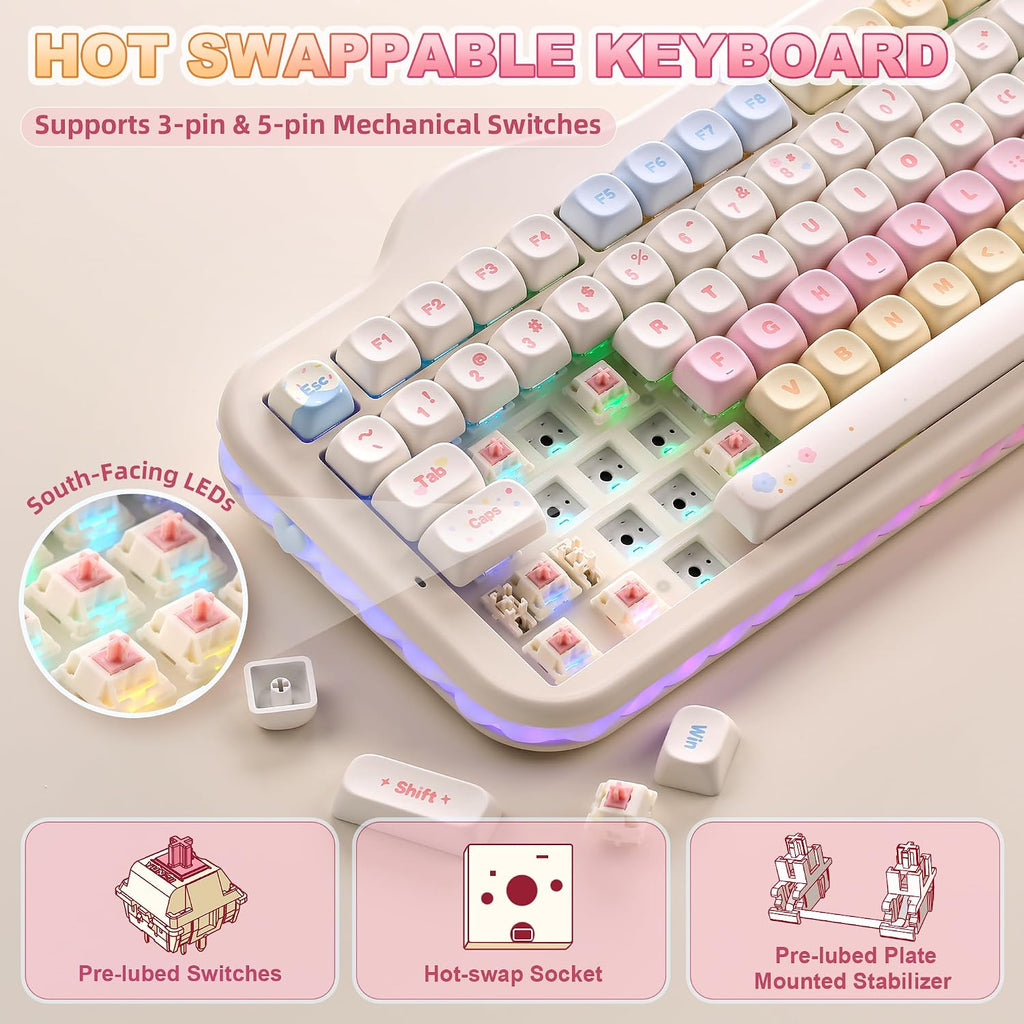 YUNZII Teclado mecánico inalámbrico C98 Cute Cake (beige, interrupt...