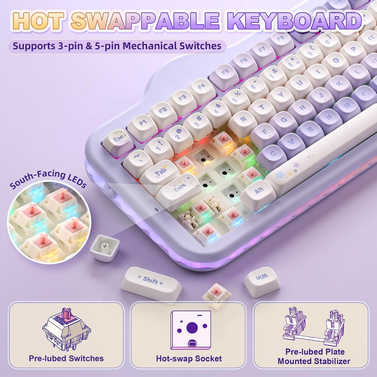 YUNZII Teclado mecánico inalámbrico C98 Cute Cake (morado, interrup...