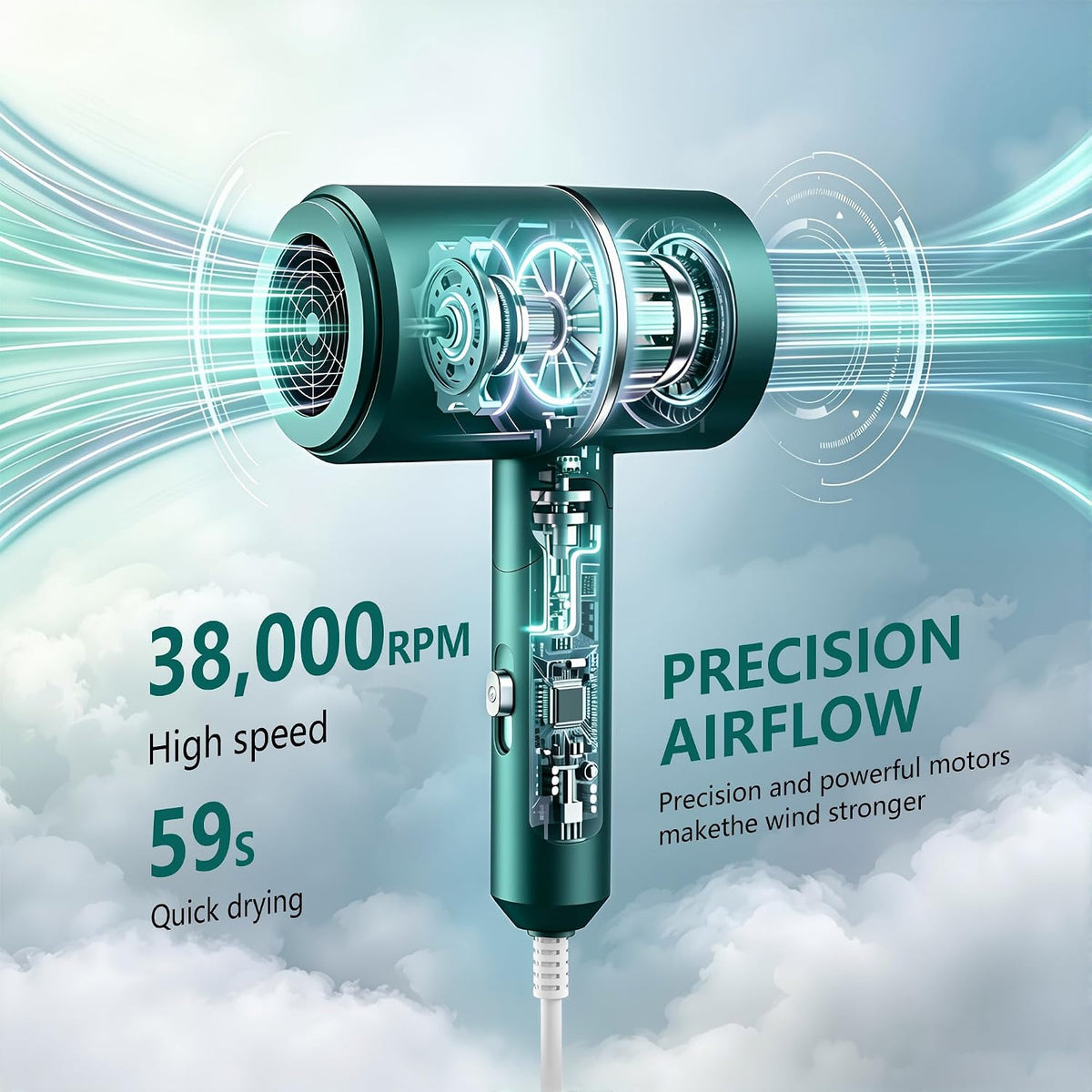 Secador de pelo iónico plegable con difusor, 1875W verde | Motor de...