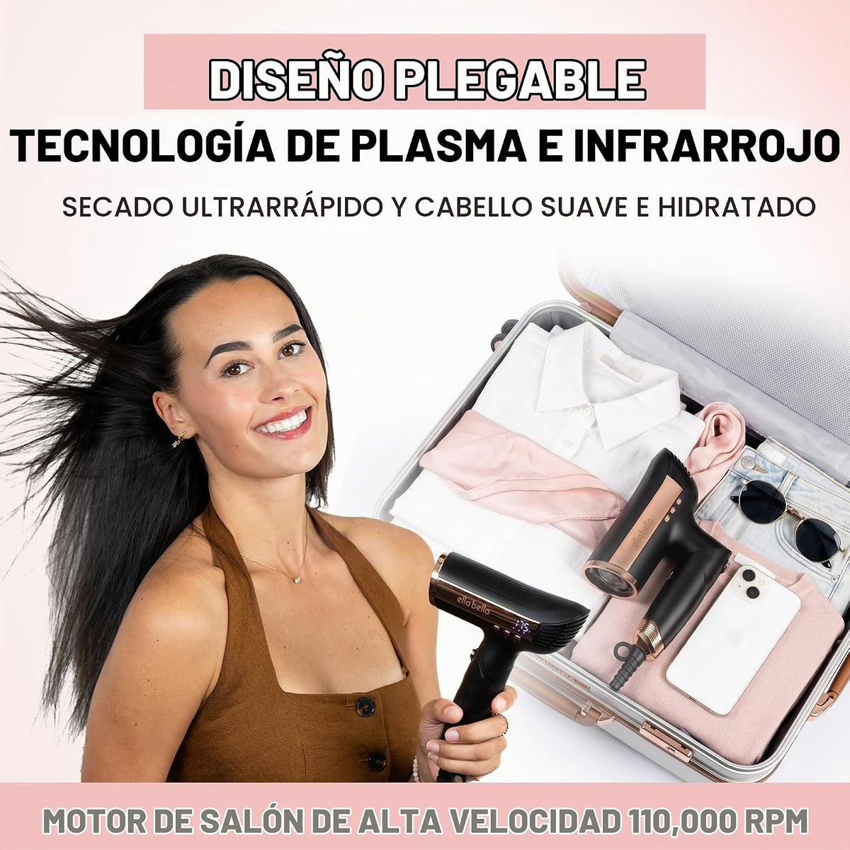 ELLA BELLA® Secador de pelo plegable infrarrojo, motor sin escobill...