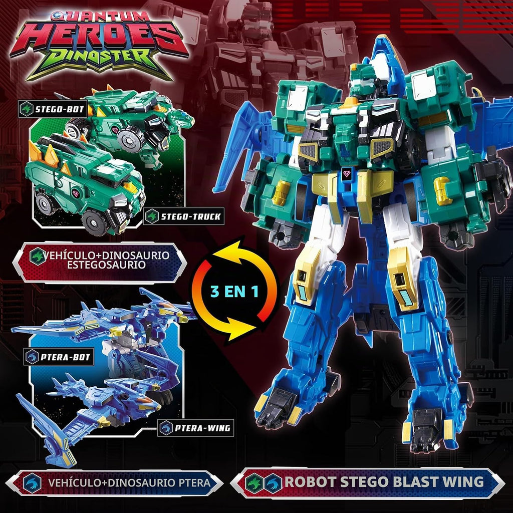 QUANTUM HEROES DINOSTER Stego Blast Wing 11.8in - Robot 3 en 1, 5+...