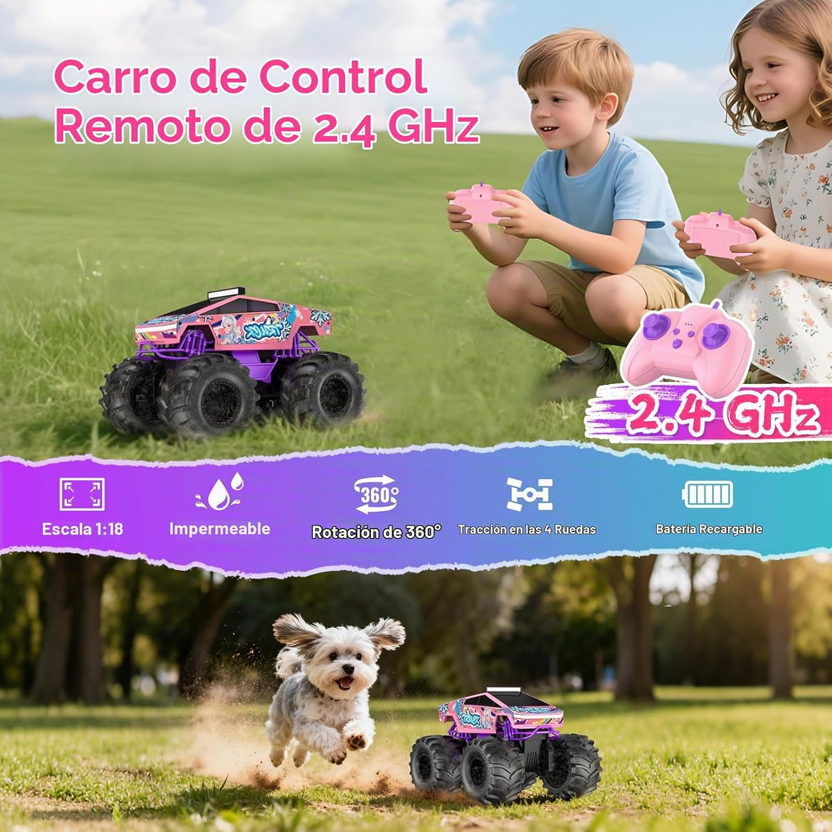 Coche de control remoto para niñas, 1:18, camión monstruo rosa, jug...