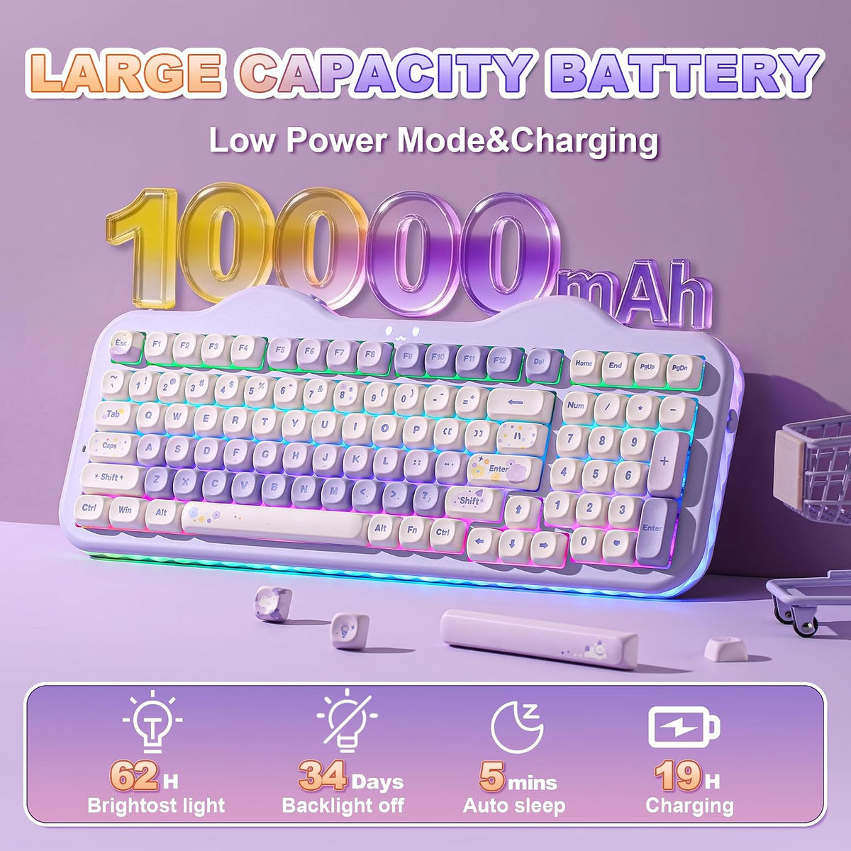 YUNZII Teclado mecánico inalámbrico C98 Cute Cake (morado, interrup...