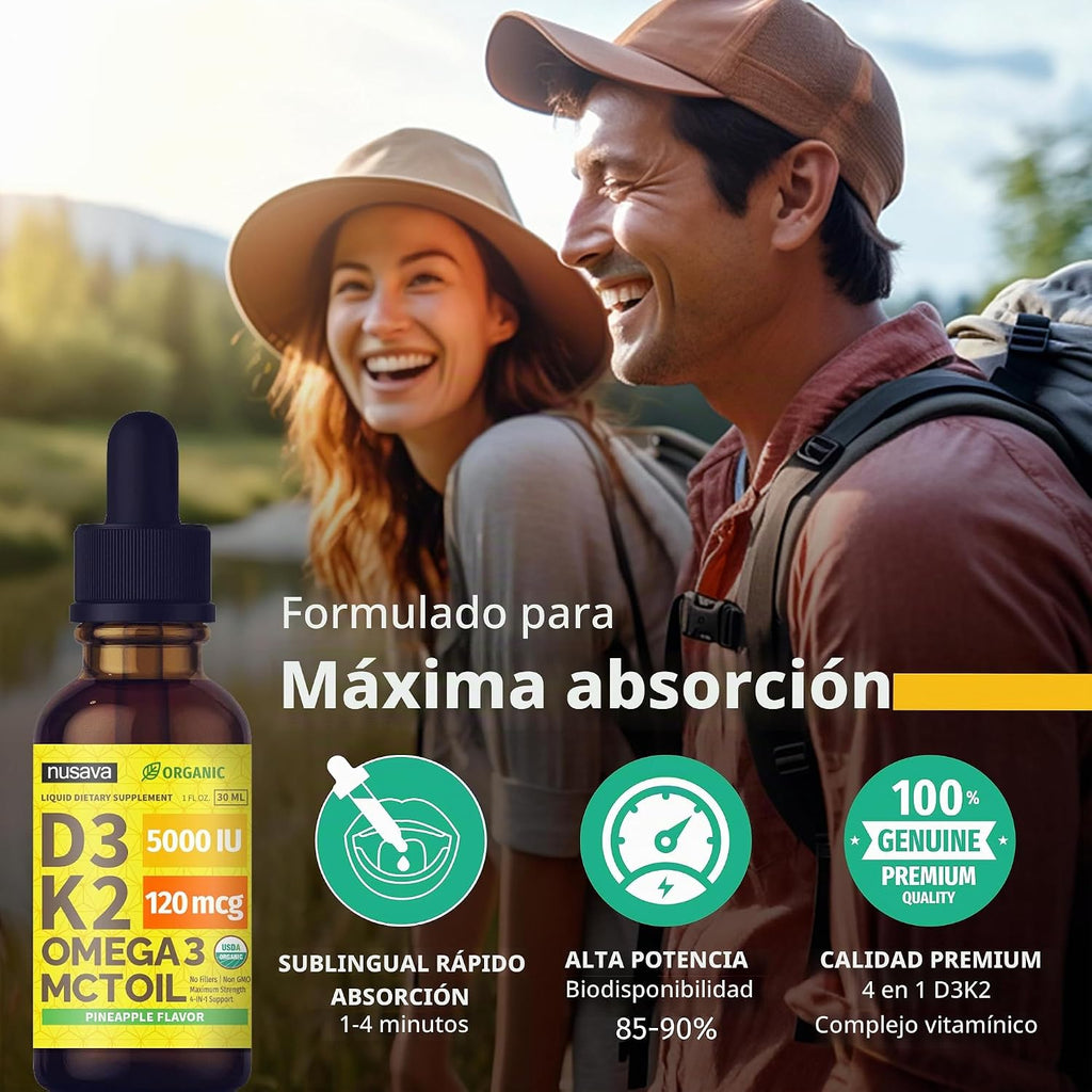 NUSAVA Gotas orgánicas de vitamina D3 K2 con aceite MCT, piña, paqu...