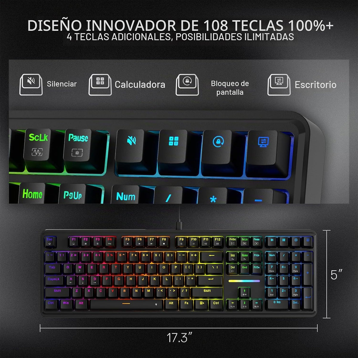 Redragon K745 Teclado para juegos RGB con junta de 108 teclas con c...