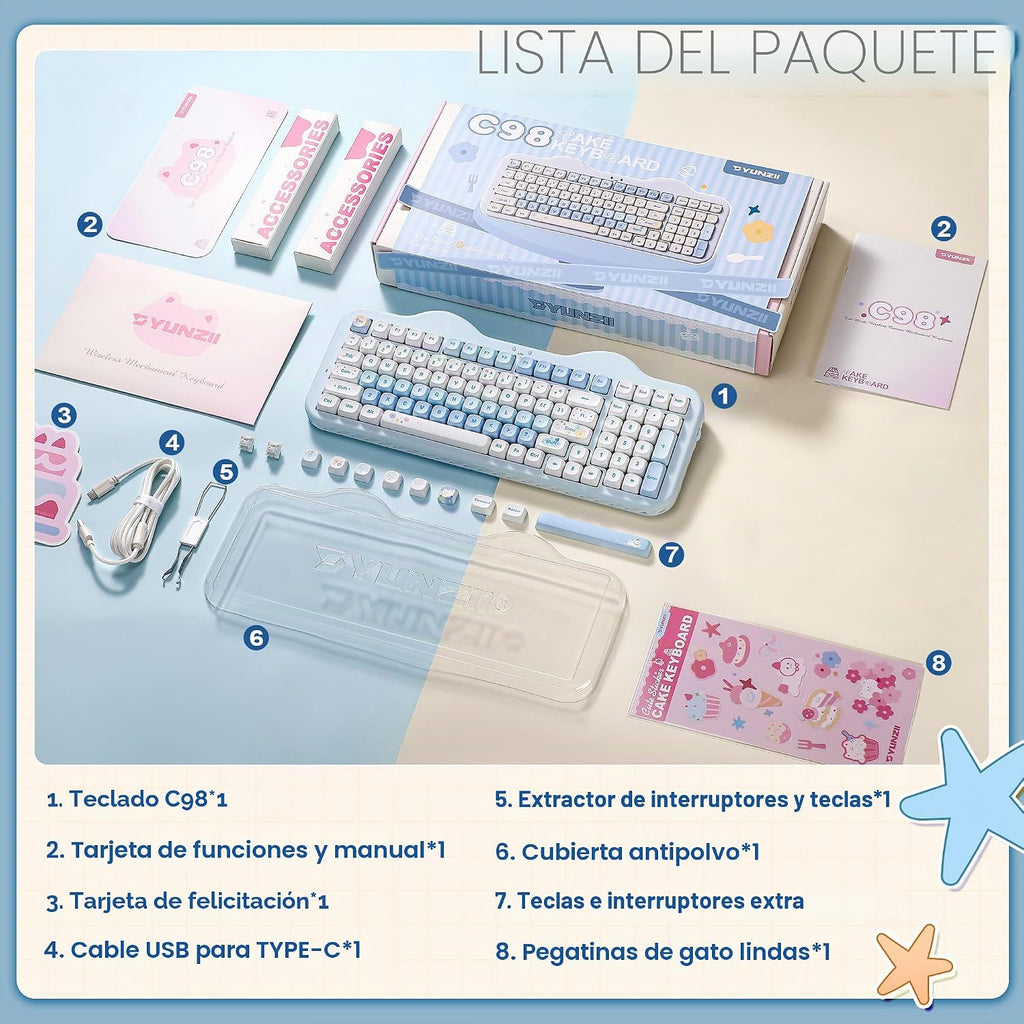 YUNZII Teclado mecánico inalámbrico C98 Cute Cake (azul, interrupto...