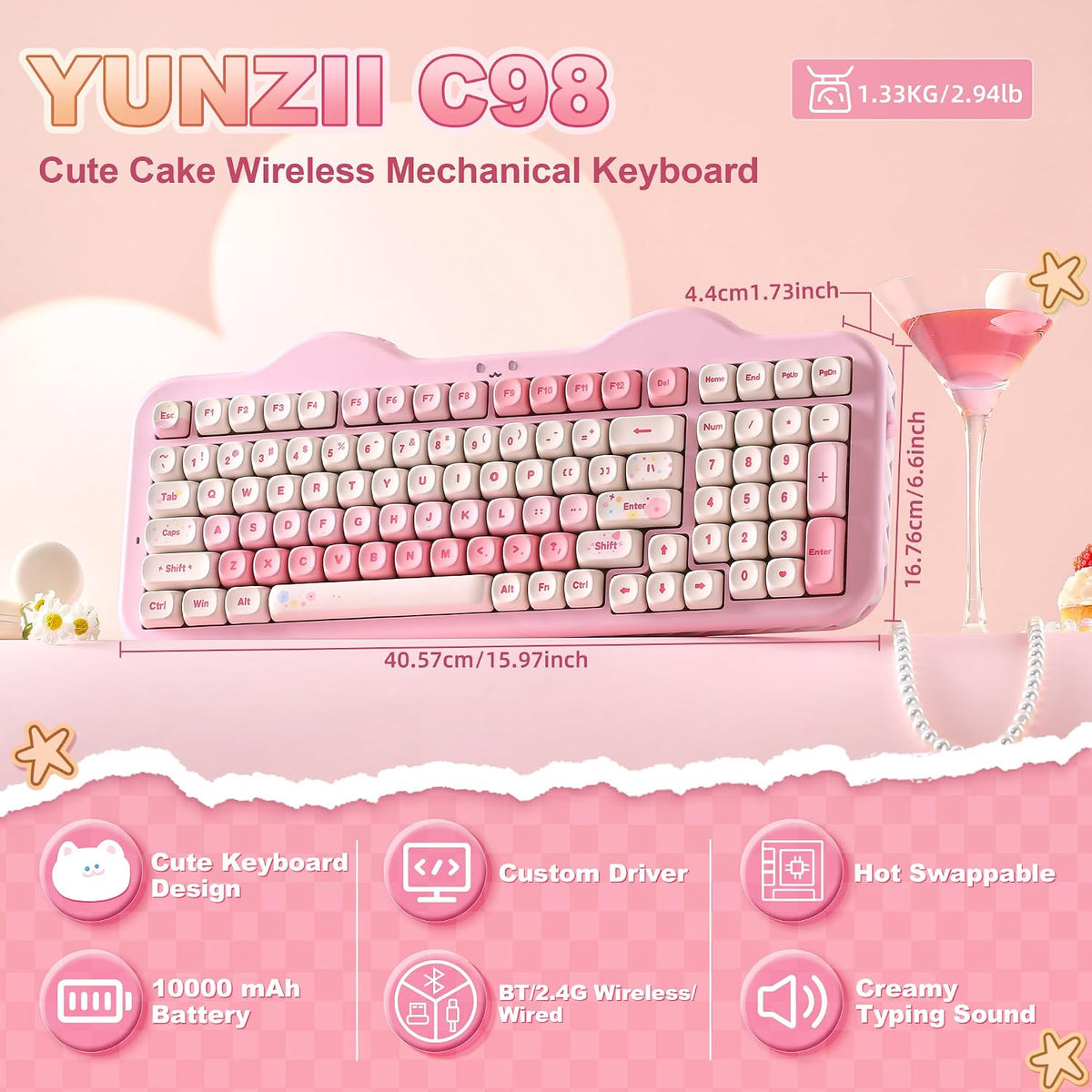 YUNZII Teclado mecánico inalámbrico C98 Cute Cake (rosa, interrupto...