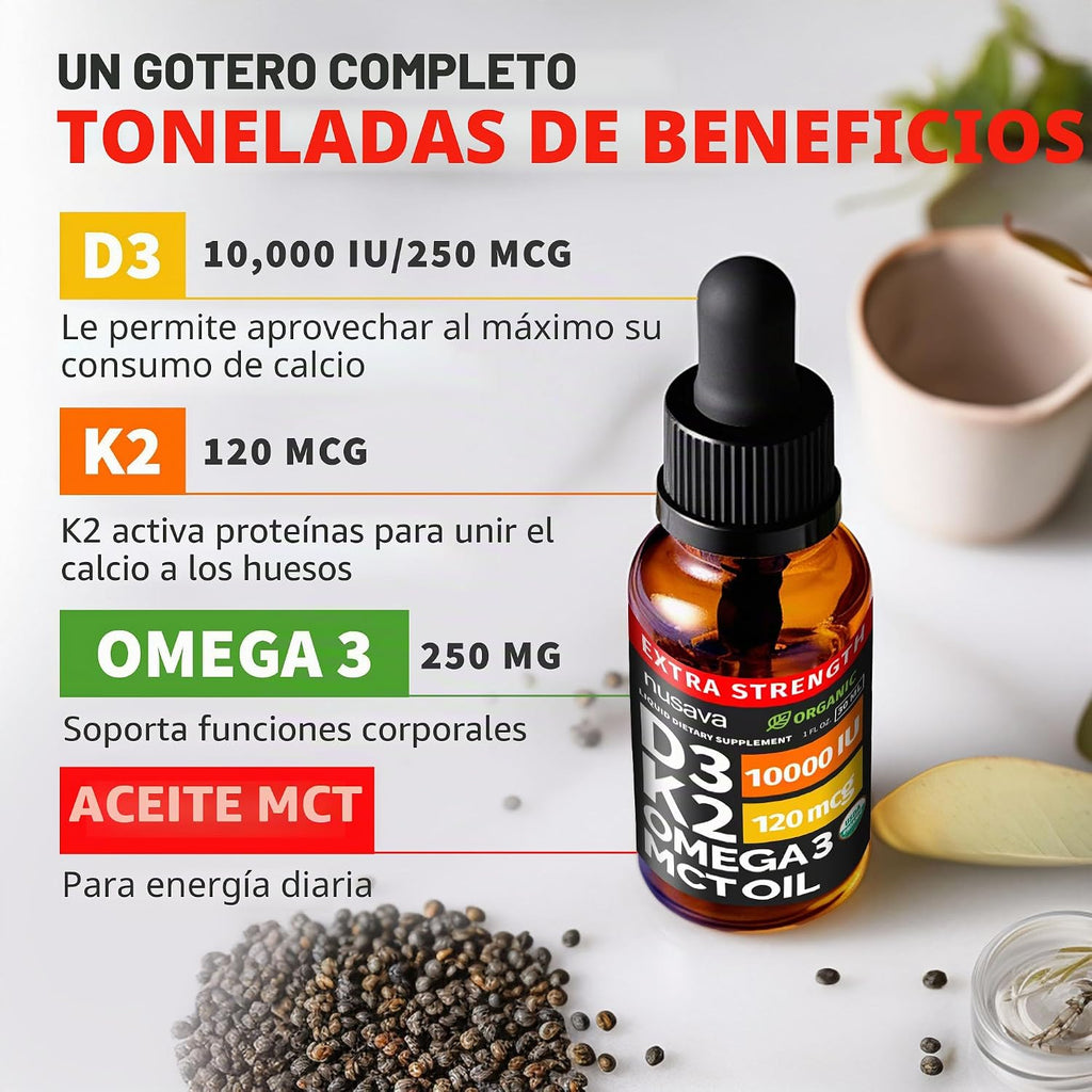 NUSAVA Gotas de vitamina D3 K2 extra fuertes 10000 UI, paquete de 2...