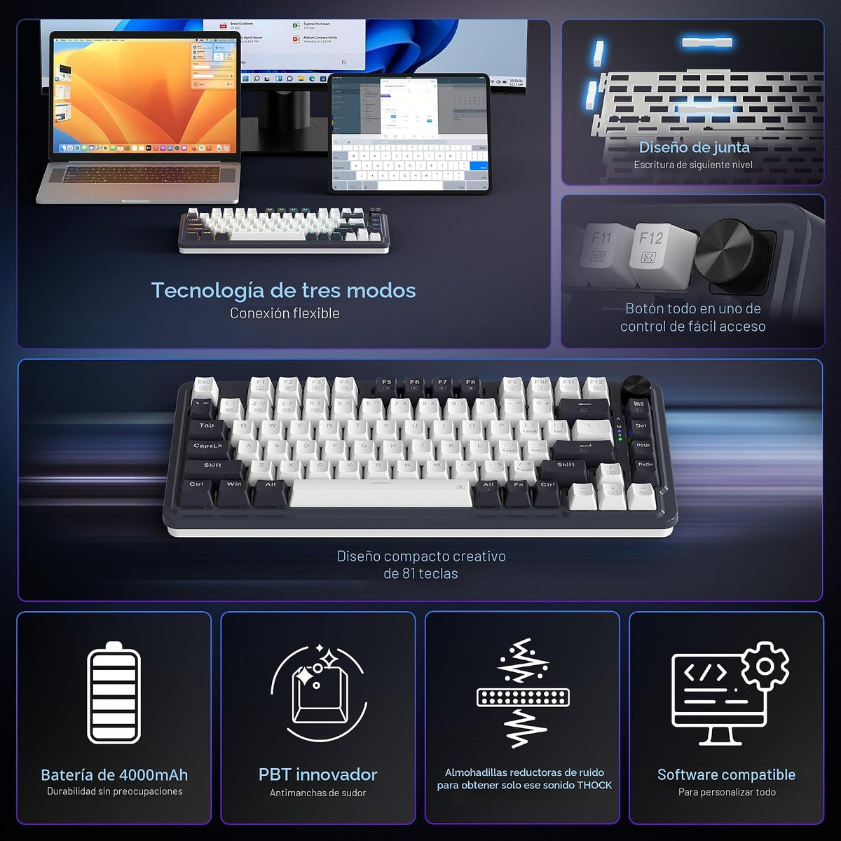 Redragon K673 PRO Teclado inalámbrico de 81 teclas RGB para juegos...