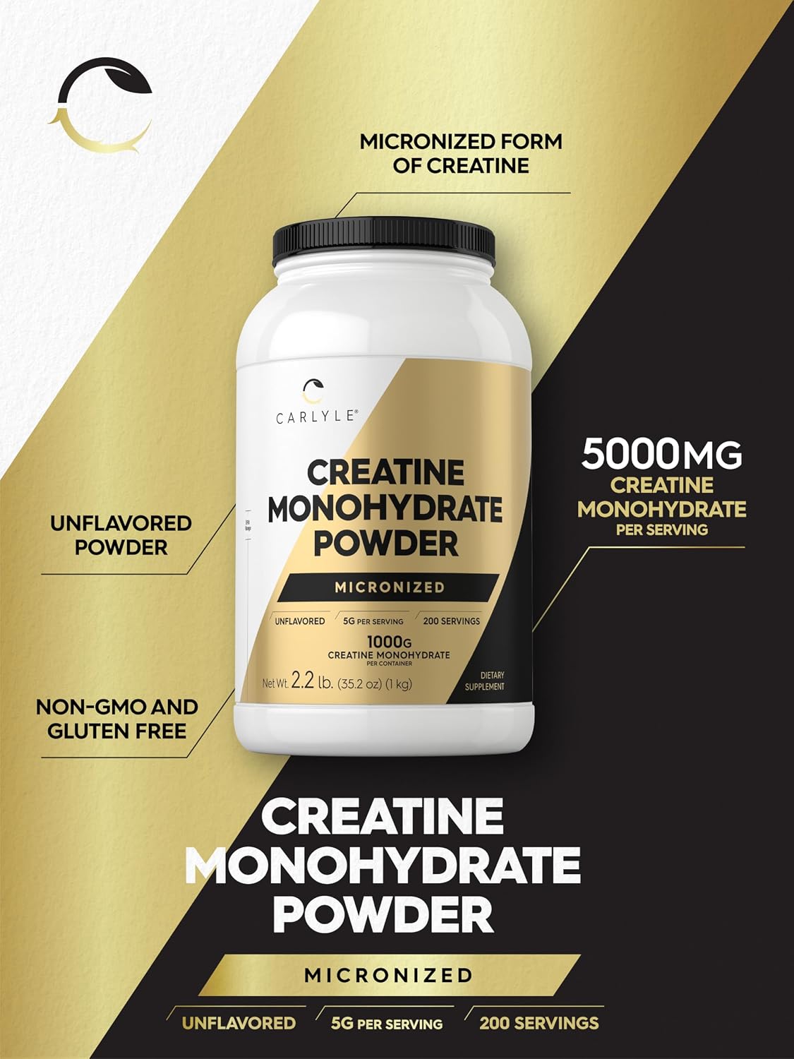 Carlyle Creatina Monohidrato Polvo 5000mg | 200 porciones | Sin sab...
