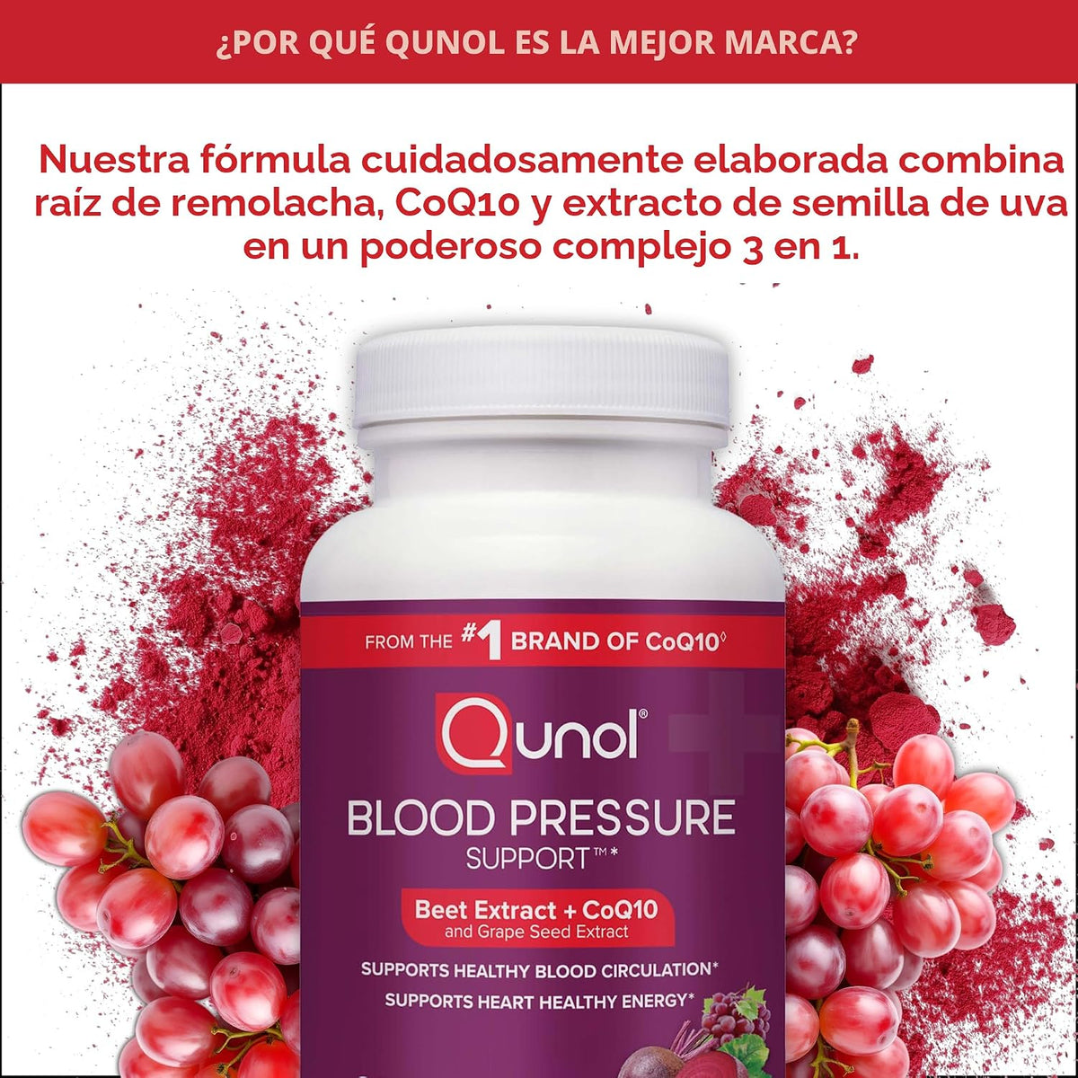 Qunol Soporte de presión arterial, remolacha 3 en 1 + CoQ10 + extra...