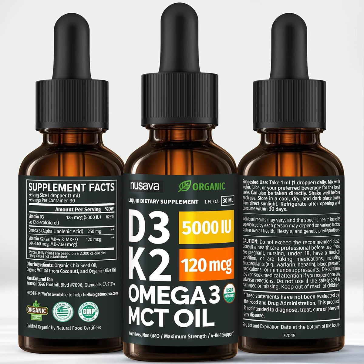 Nusava Gotas orgánicas de vitamina D3 K2 con aceite MCT, sin sabor,...