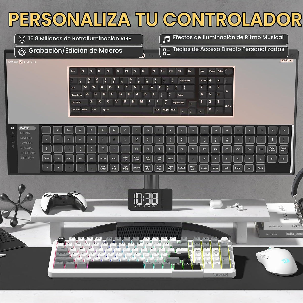 Redragon K742 Teclado mecánico inalámbrico para juegos con perilla,...