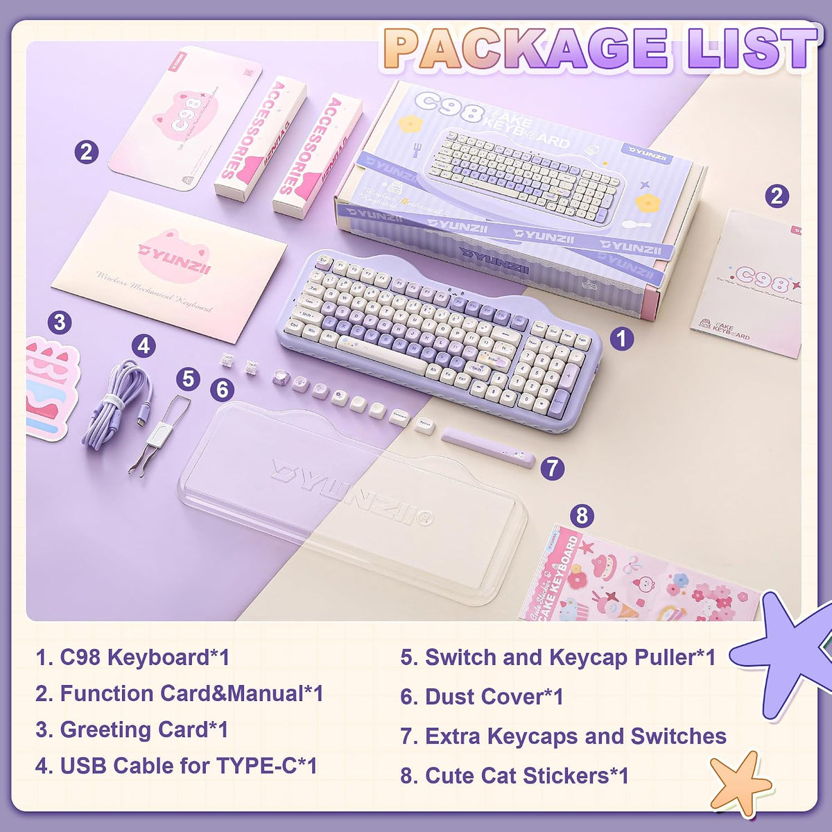 YUNZII Teclado mecánico inalámbrico C98 Cute Cake (morado, interrup...