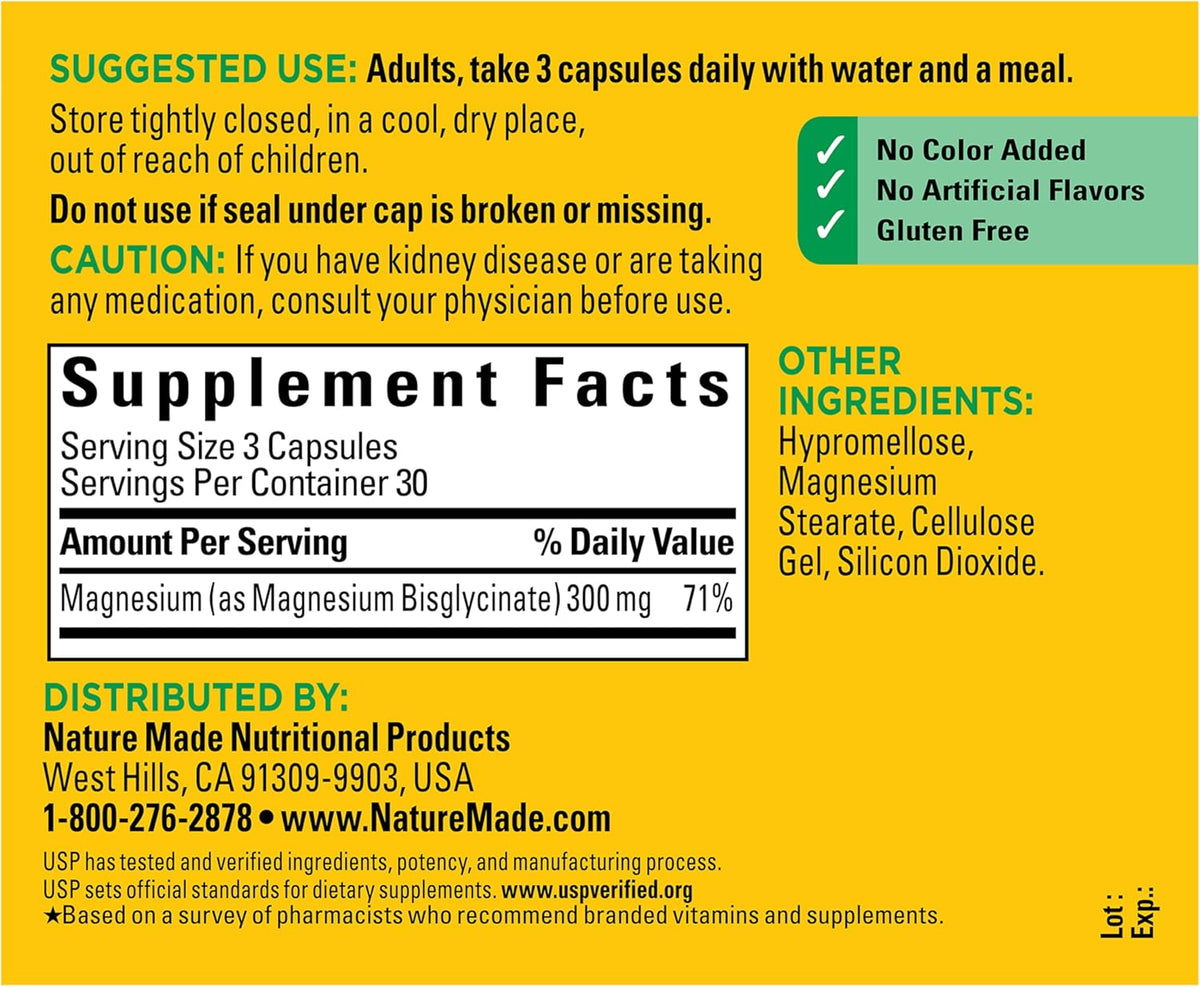 Nature Made Glicinato de magnesio 300 mg por 3 cápsulas, 90 cápsula...