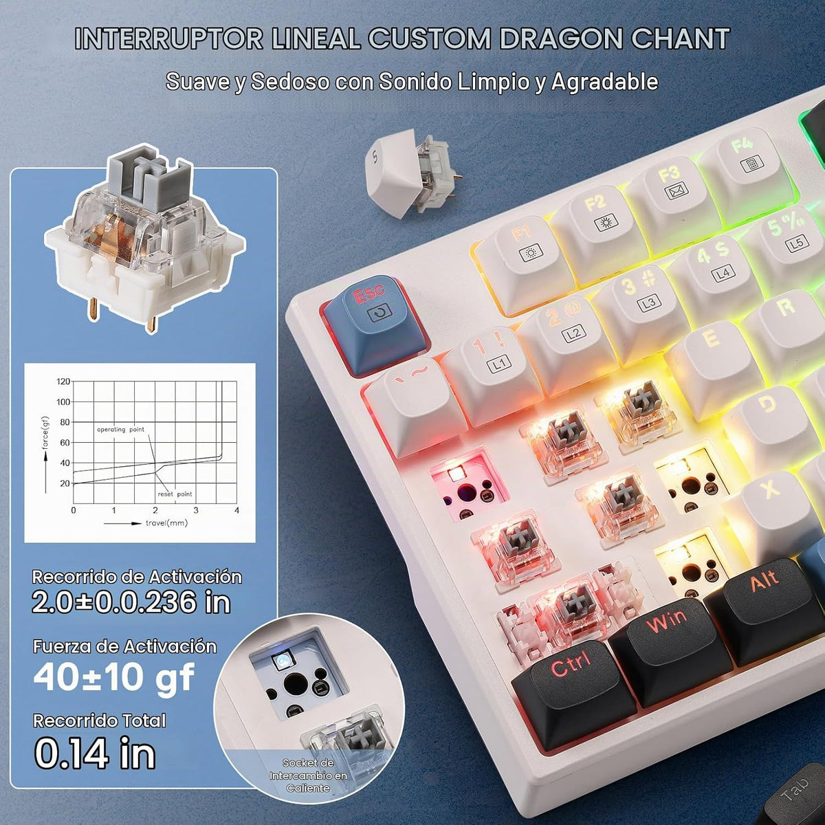 Redragon K668 Teclado para juegos RGB con cable intercambiable en c...