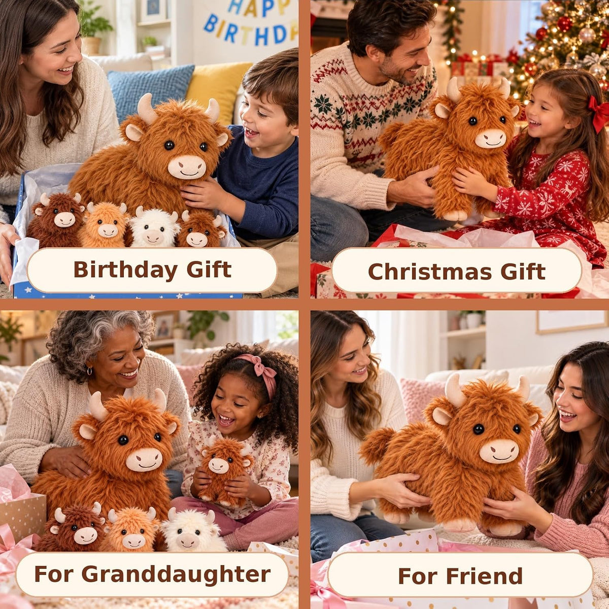 TOYSYM Highland Cow - Animal de peluche con bebés, juego familiar d...
