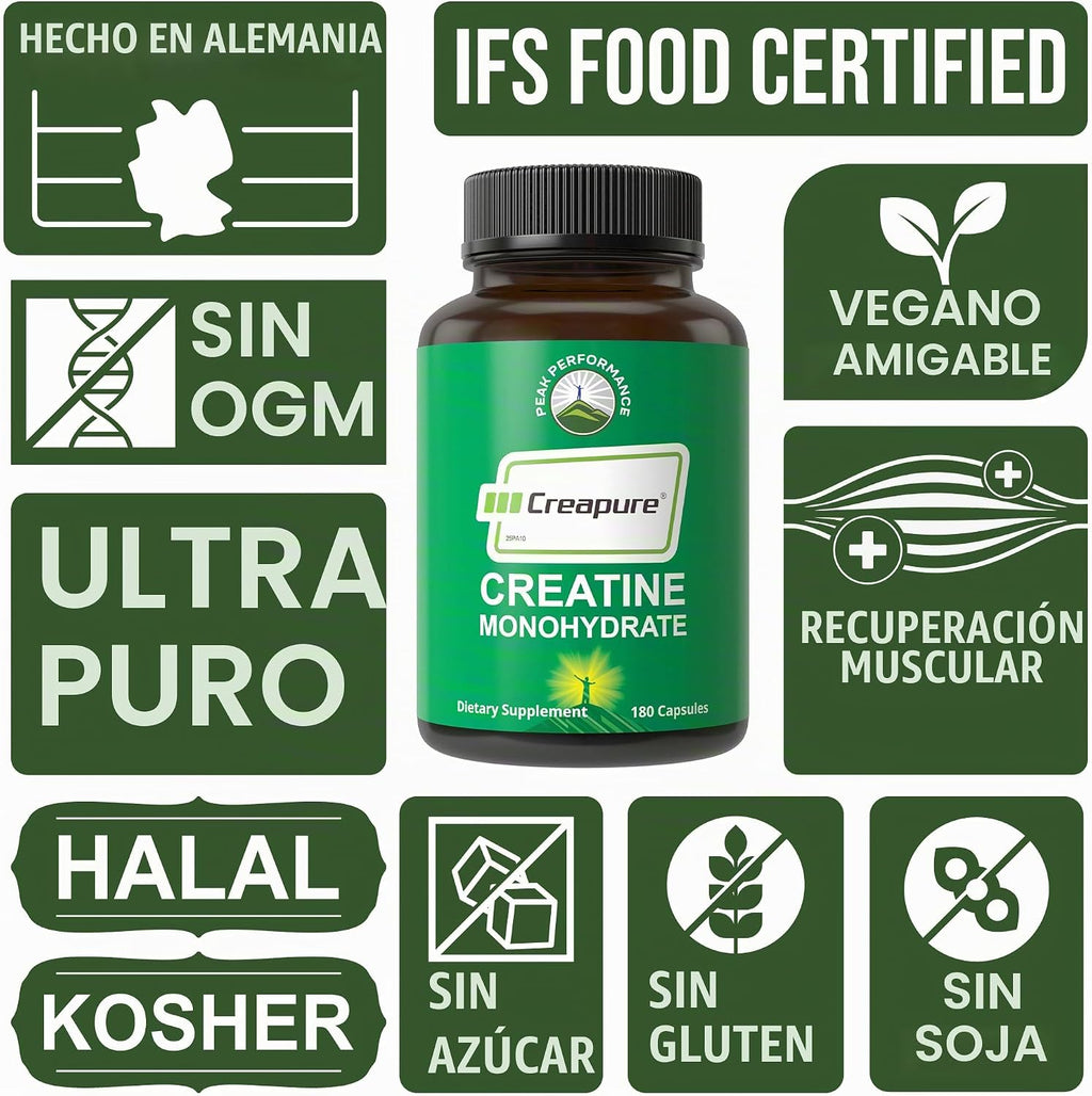 Creapure creatina monohidrato 180 cápsulas de alta pureza alemana h...