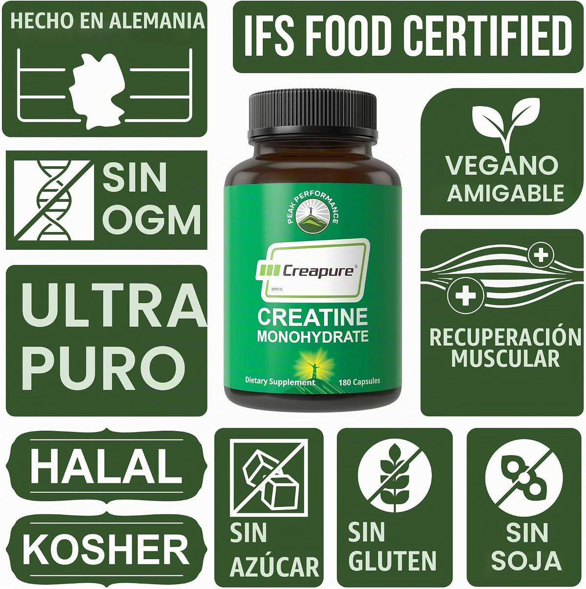 Creapure creatina monohidrato 180 cápsulas de alta pureza alemana h...