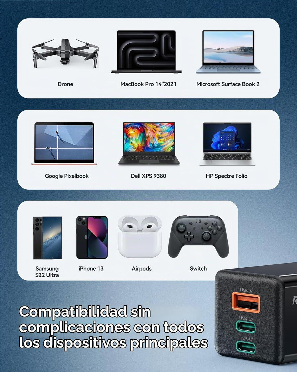 Ruko Kit de cargador de viaje USB C de 65 W, cargador rápido GaN de...