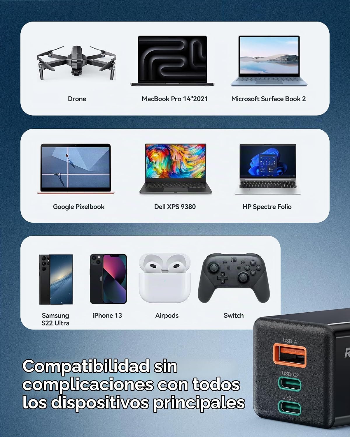 Ruko Kit de cargador de viaje USB C de 65 W, cargador rápido GaN de...
