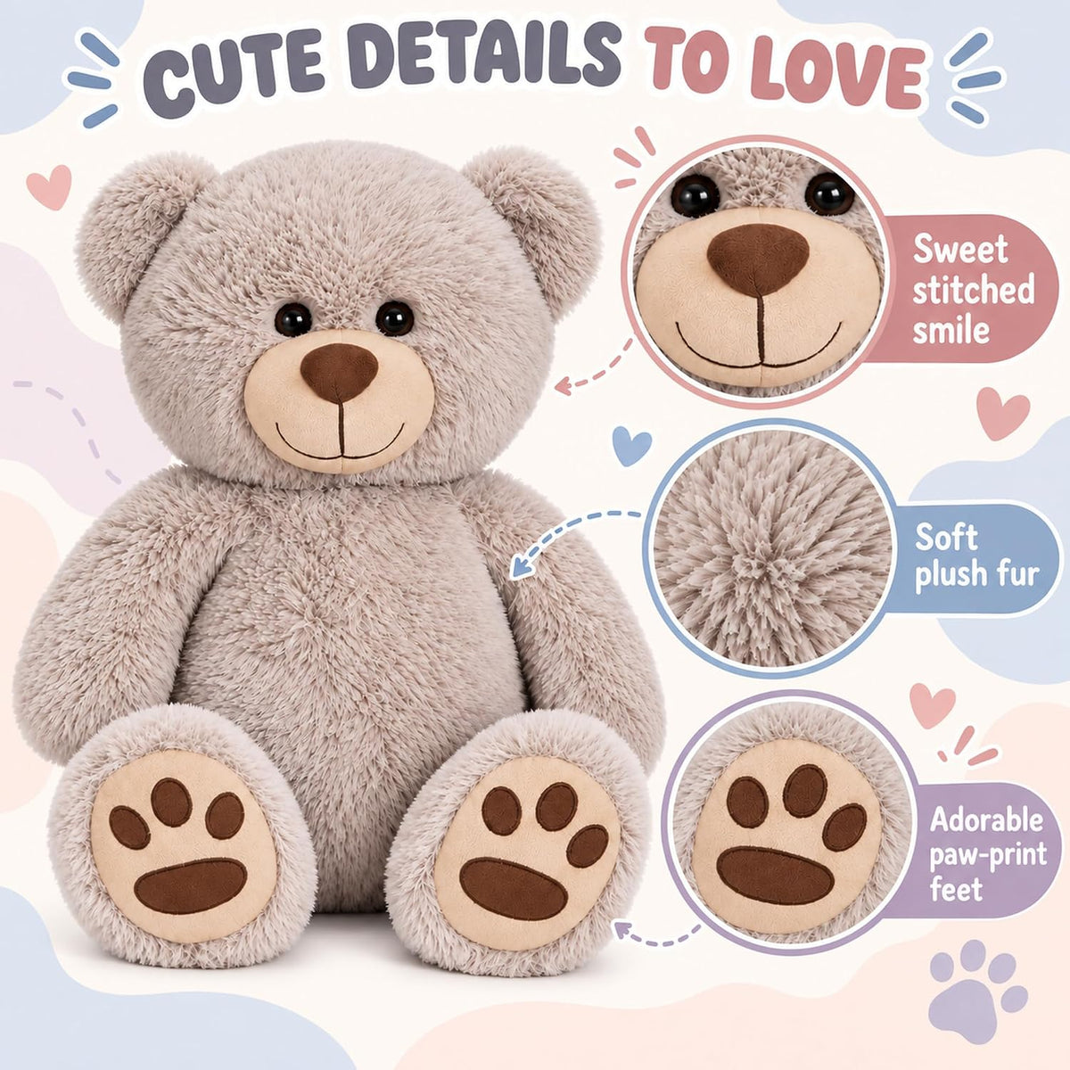 LotFancy Teddy Bear - Peluche de peluche suave de 20.0 in, color gr...
