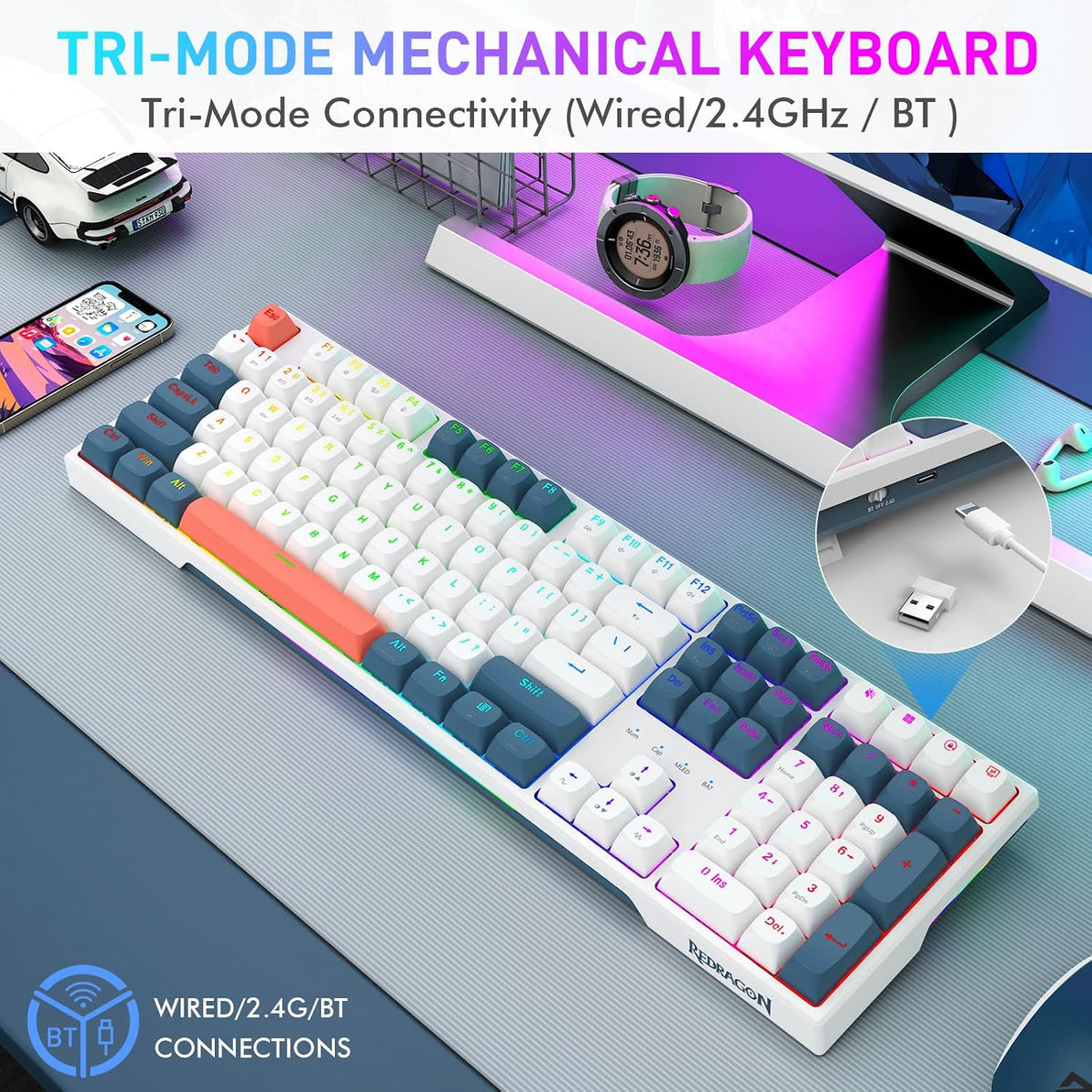 Redragon K668 PRO Teclado inalámbrico para juegos RGB con junta de...