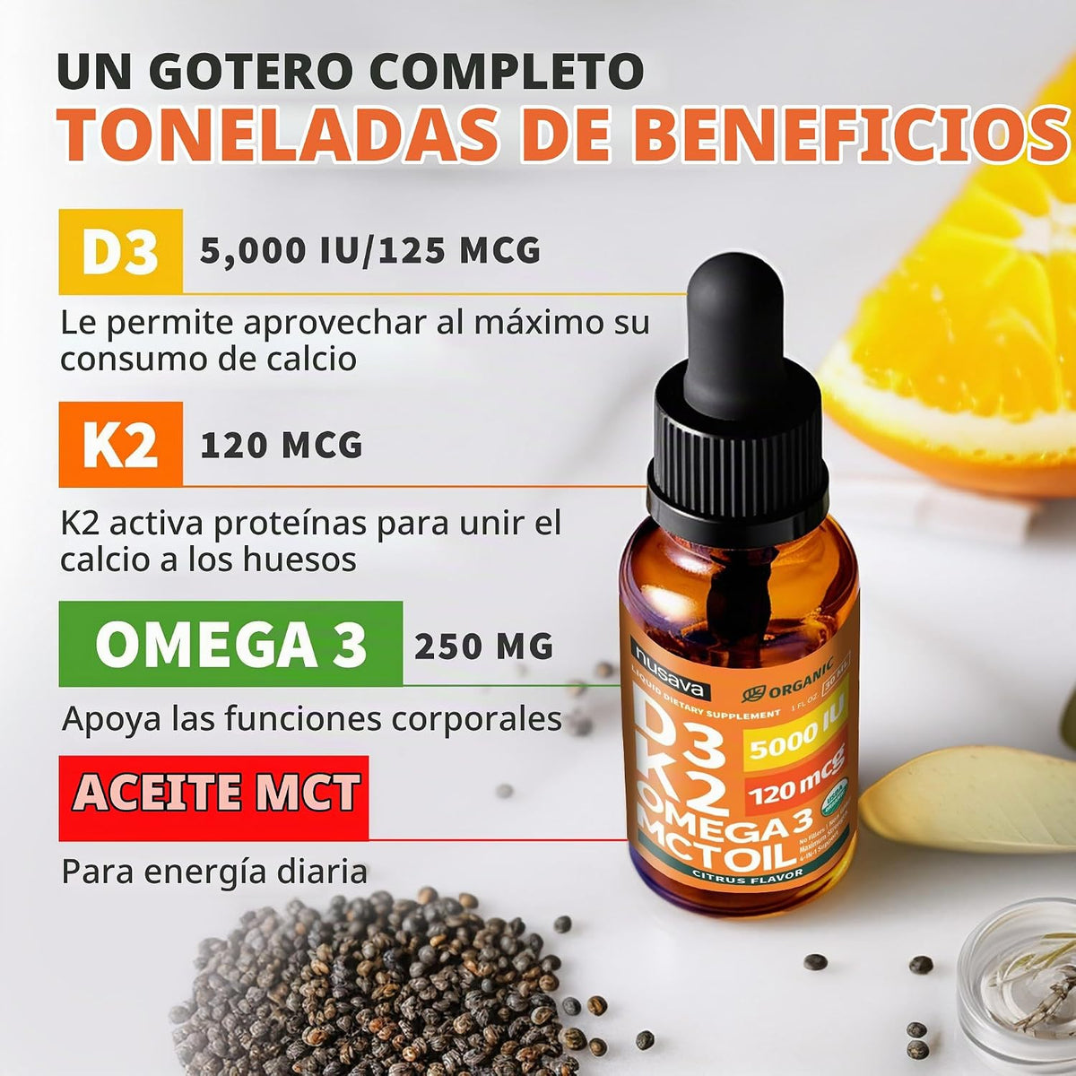 NUSAVA Gotas orgánicas de vitamina D3 K2 con aceite MCT, cítricos,...