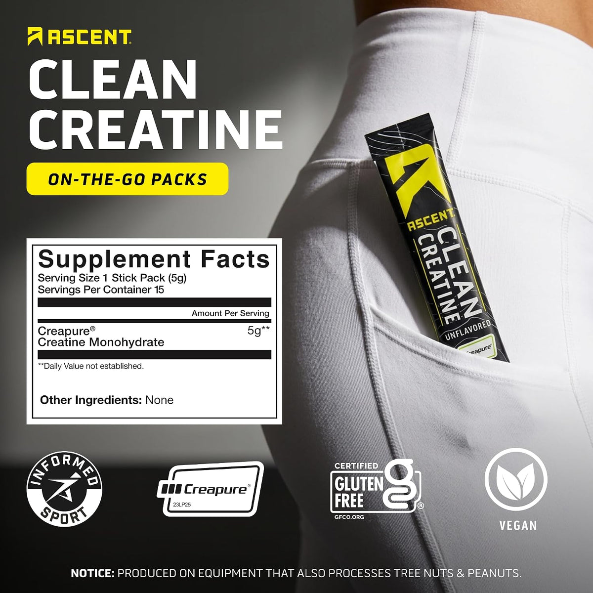 Ascent Monohidrato de creatina limpia, sin sabor, 15 porciones 5G