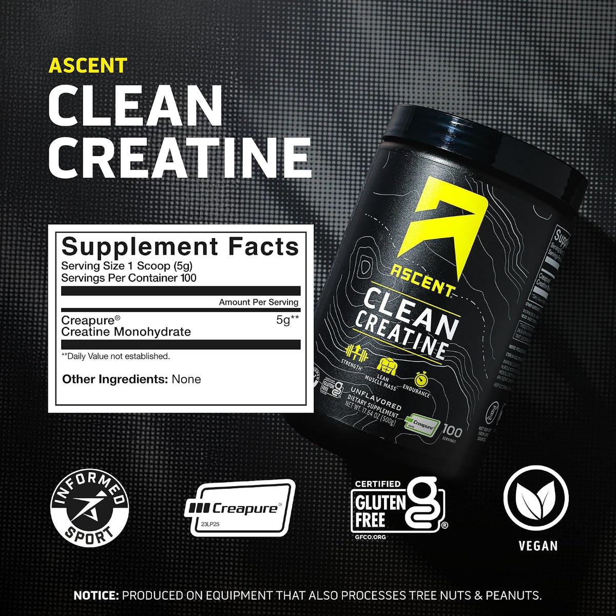 Ascent Monohidrato de creatina limpia, sin sabor, 100 porciones