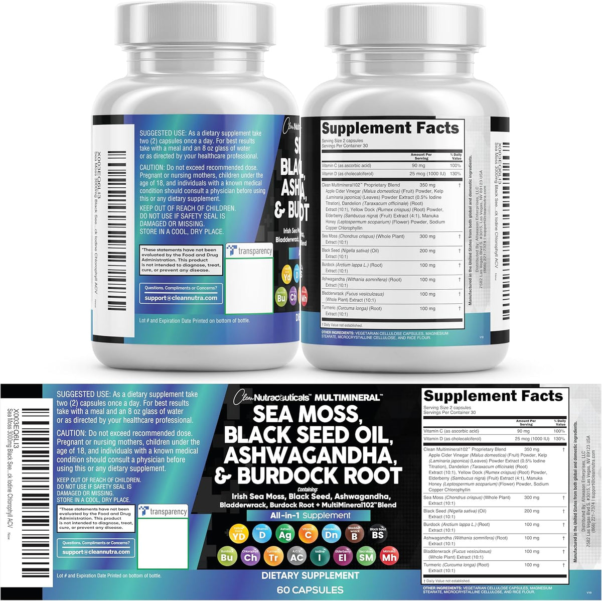 Clean Nutraceuticals Musgo Marino Aceite de Semilla Negra Ashwagand...