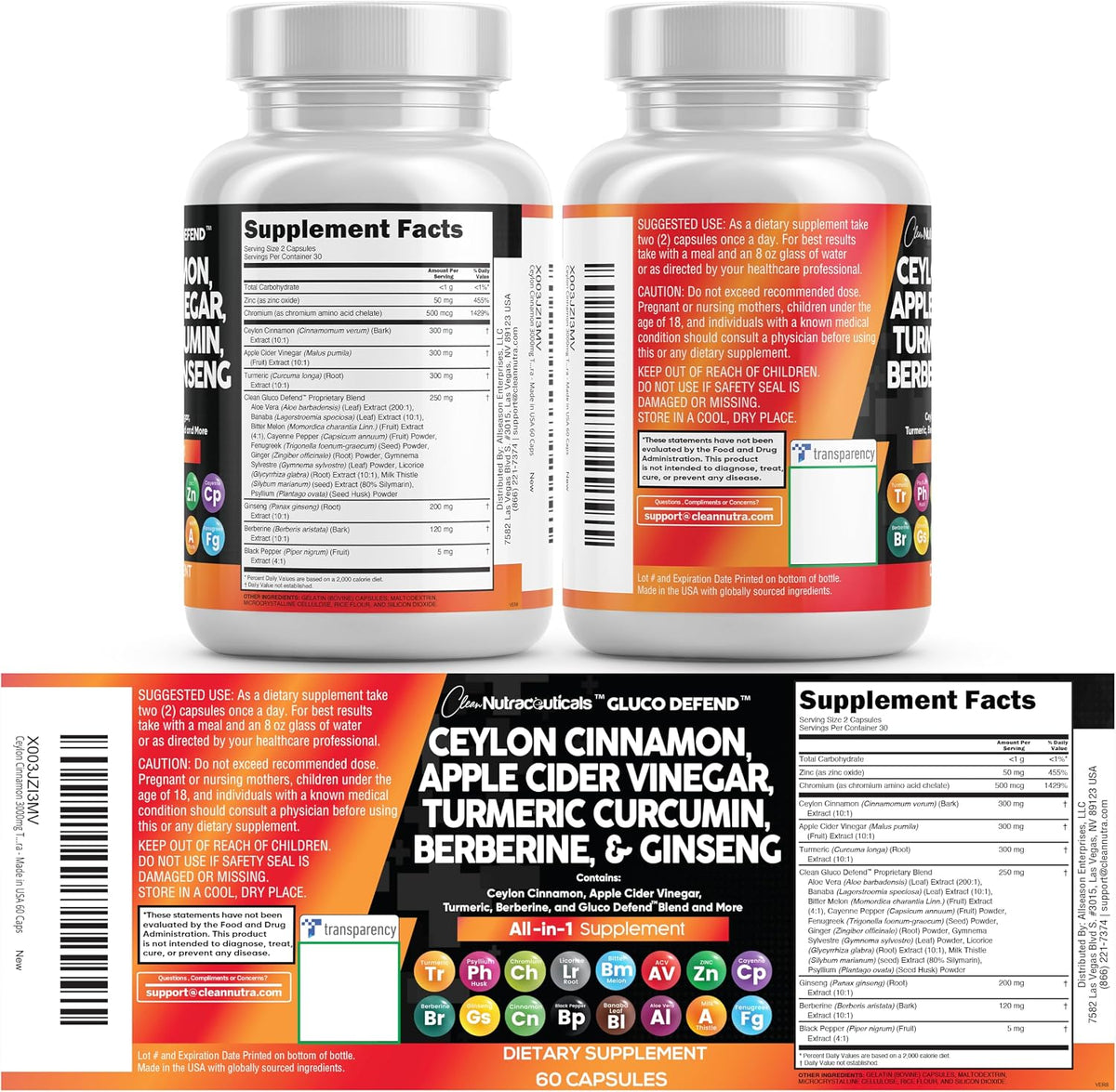 Clean Nutraceuticals Cápsulas de canela de Ceilán + berberina, cúrc...